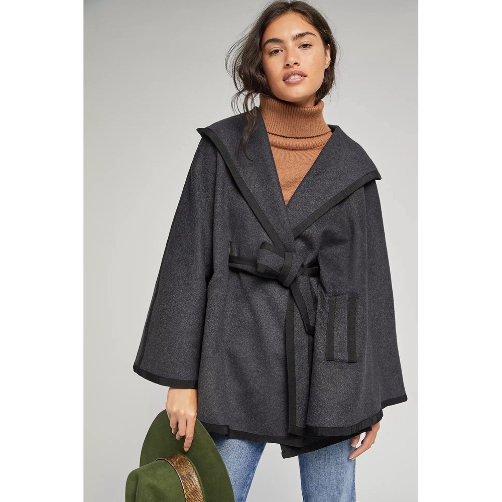 Akemi + Kin Anthropologie O/S Capelet Gray Wool Blend Hooded Wrap Coat Belted